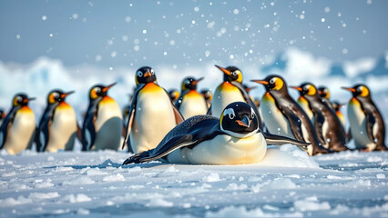 Playful Group Of Penguins Sliding On Ice In Antarctica