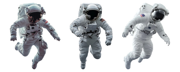 A set of floating astronauts. Ideal for space themes, scientific exploration, advanced technology or creative projects related to the universe and space missions.