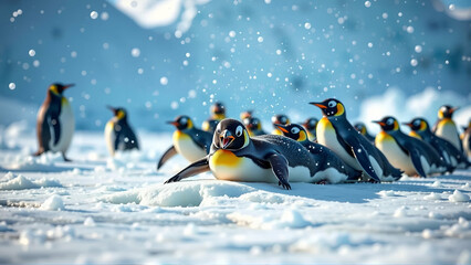 Playful Group Of Penguins Sliding On Ice In Antarctica