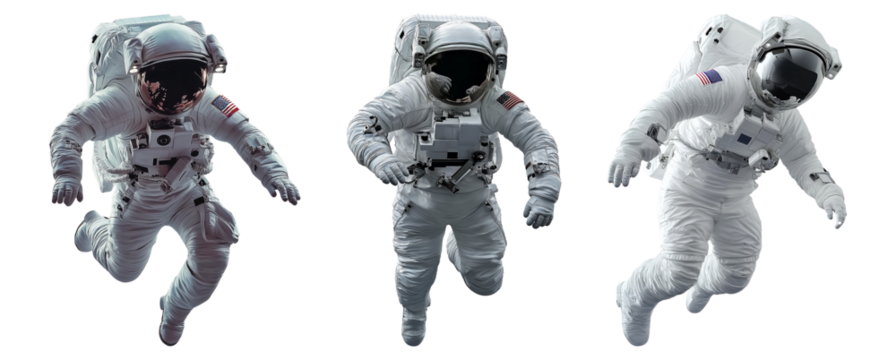 A set of floating astronauts. Ideal for space themes, scientific exploration, advanced technology or creative projects related to the universe and space missions.