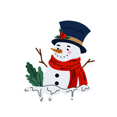 Funny snowman. Christmas character for cards, posters, prints. Frame or border with a snowman. Festive decor on a white background.