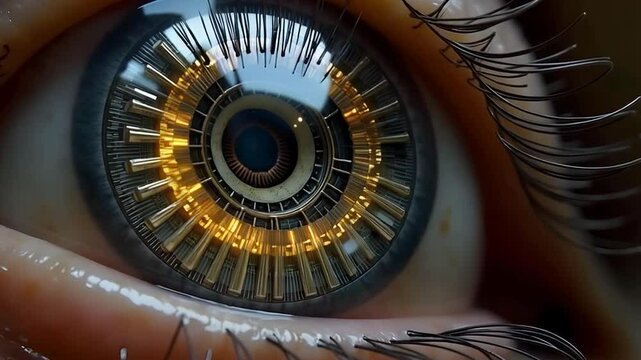 Human eye with visible cyber implant, merging biology with advanced technology