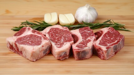Fototapeta premium Raw Prime Beef Cuts with Garlic and Herbs on Wooden Cutting Board