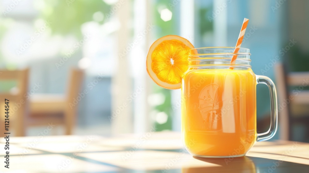 Poster Refreshing Orange Juice in a Jar with a Straw and Slice of Fruit