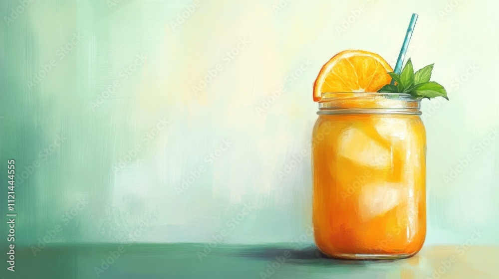 Poster Refreshing Citrus Drink with Ice and Slice of Orange Garnish