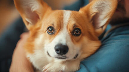 Cute corgi dog looking to the camera on the shoulder of the owner, dog health, protection of pets