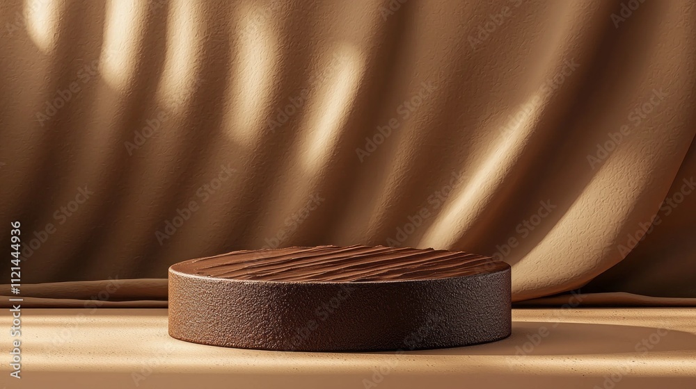 Poster a circular podium stands poised on a soft mocha mousse fabric, creating a serene atmosphere perfect 