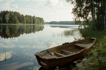 Obraz premium A serene wooden boat rests along the tranquil lakeside amidst verdant forests, reflecting the peacefulness of a calm summer day.