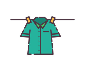 Drying clothes icon illustration. Flat line color icon of a simple illustration of a teal shirt hanging on a clothesline to dry. Clean, fresh, and ready to wear. Colored outline icon.