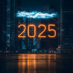 Futuristic city skyline with glowing 2025 sign at night