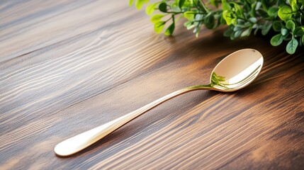 Fototapeta premium Elegant golden spoon resting on a rustic wooden surface, surrounded by fresh greenery perfect for food photography.