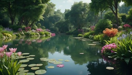 Fototapeta premium serene pond with lily pads, surrounded by colorful flowers and lush trees. Calm water reflects the greenery