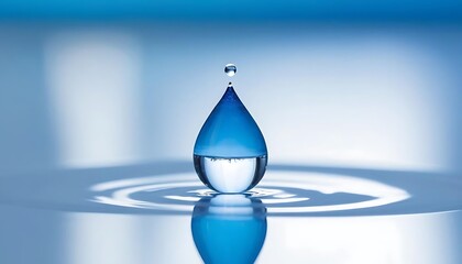 single water droplet rests on a surface of water, reflecting light