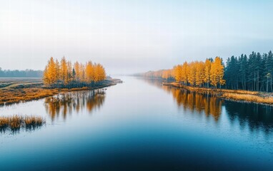 Fototapeta premium Serene Autumn Landscape with Golden Trees and Calm River Reflection