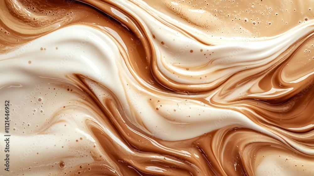 Poster cream and coffee blends harmoniously, creating dynamic swirls and textures that flow together beauti