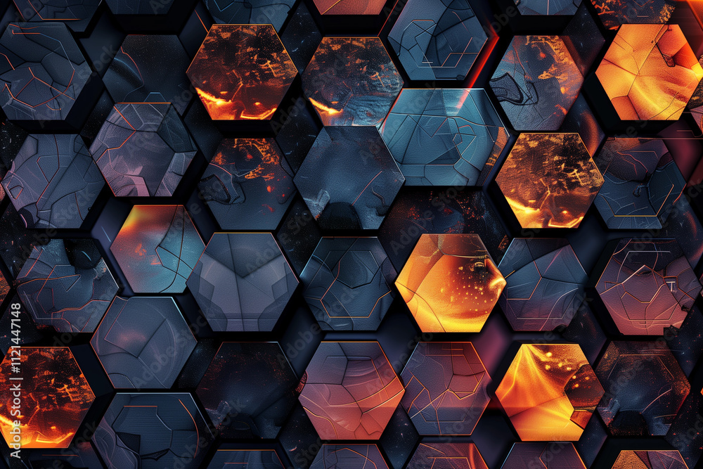 Poster hexagonal shapes filled with intricate patterns and gradients.