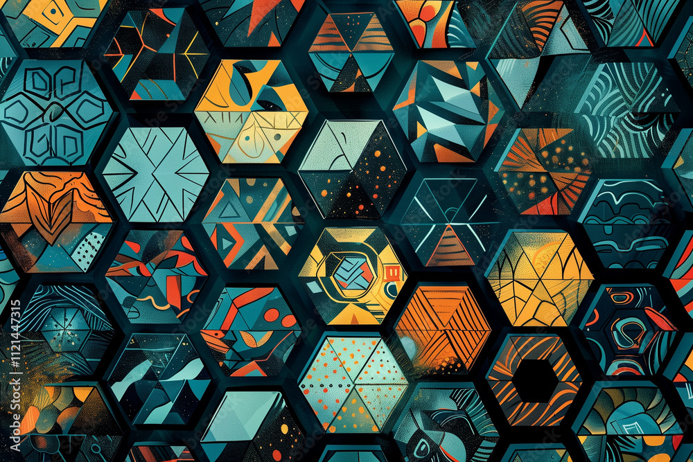 Poster hexagonal shapes filled with intricate patterns and gradients.