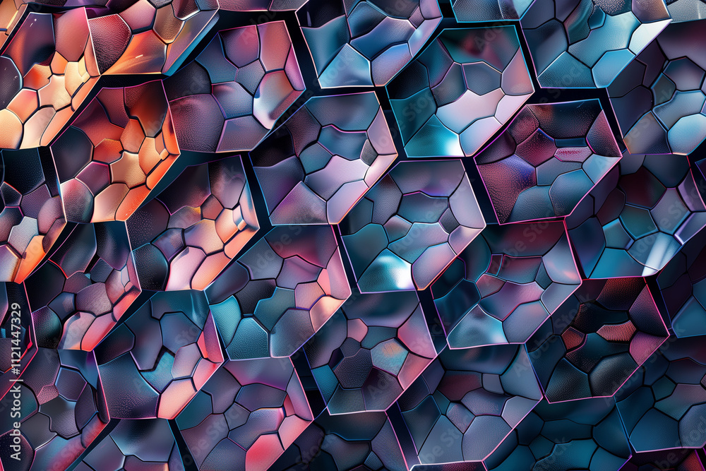 Poster hexagonal shapes filled with intricate patterns and gradients.