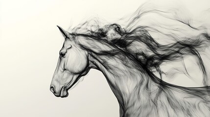 A majestic horse emerges from a whirlwind of flowing lines, showcasing the beauty of freedom and grace in motion during a sunlit moment of artistic expression