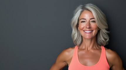 Fototapeta premium Smiling senior muscular female fitness instructor promoting healthy lifestyle in the studio