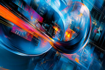 Dynamic convergence of vibrant hues and patterns in an abstract digital landscape illustrating technology and innovation