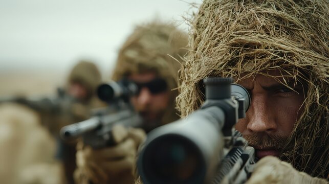 Stealthy snipers carrying out a mission in heavy rain under camouflage cover