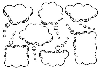 Set of thinking speech bubbles with outlines, isolated. Speak balloon text, cartoon chatting 