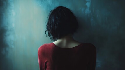 A woman with short dark hair is standing in front of a wall with her back to the camera.