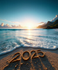 2025 is etched in sand on beach at sunset. Waves gently lap at shore. Golden sunset light illuminate 