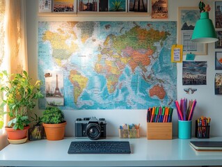 Vision board with maps quotes and photos