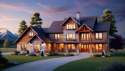 Canadian House, Green Landscape of Mountains, Canadian Rockies. Tourist/hikers summer accommodation in the mountains, Generative Ai