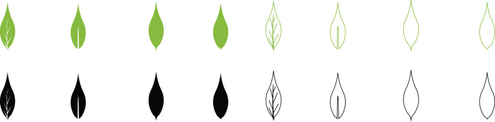 Set of green and black leaf icons. Leaf Shapes Collection ecology nature element eco, bio, Environment, vegan labels flat and line vector. Trees and plants Leaves isolated on transparent background.