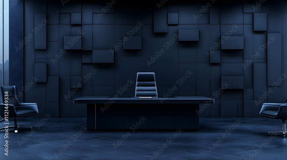 Poster A modern, minimalistic office space with a dark color scheme, featuring a sleek desk and chairs, creating a sophisticated atmosphere