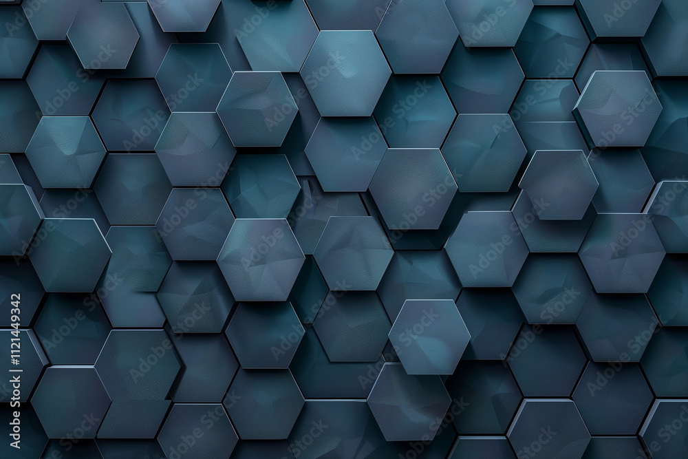 Poster interlocking hexagonal shapes in varying shades of blue, creating a modern and geometric pattern.