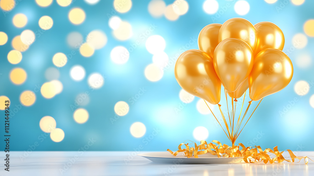 Poster a vibrant scene featuring golden balloons against a soft blue background with sparkling lights, perf