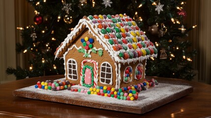 A delightful gingerbread house showcases vibrant decorations of frosting and candies, placed on a wooden surface with a festive background of a decorated Christmas tree.