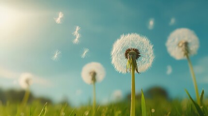 Obraz premium Close-up view of dandelion flowers swaying in the gentle breeze under sunlight