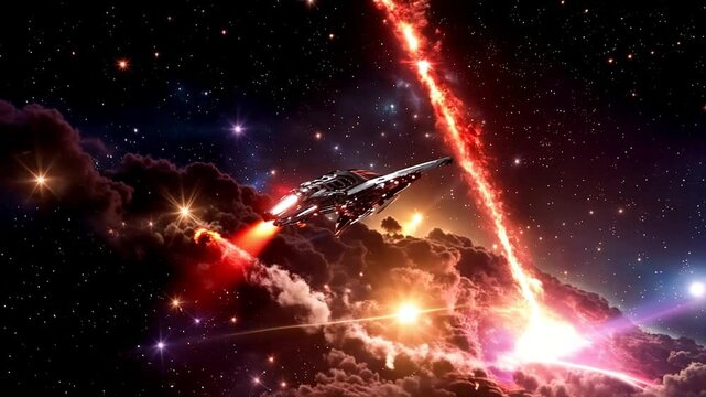 Spaceship flying out from supernova in universe