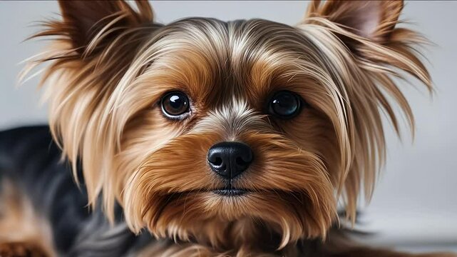 closeup video portrait yorkshire terrier dog lying white pet adorable animal cute domestic fur hair olated purebred small canino grooming studio beautiful bow charming groomed nice racked show