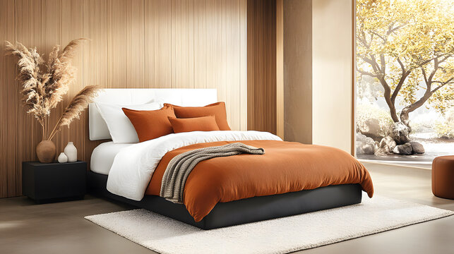 A modern bedroom featuring an orange and white color scheme with a stylish bed, decorative pillows, and a cozy rug