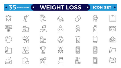 Weight Loss icon set. Containing healthy lifestyle, weight training, body care and workout or exercise equipment icons.  Editable stroke outline icon.
