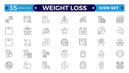 Weight Loss icon set. Containing healthy lifestyle, weight training, body care and workout or exercise equipment icons.  Editable stroke outline icon.
