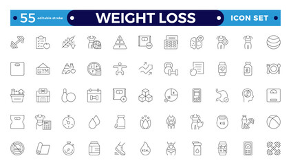 Weight Loss icon set. Containing healthy lifestyle, weight training, body care and workout or exercise equipment icons.  Editable stroke outline icon.
