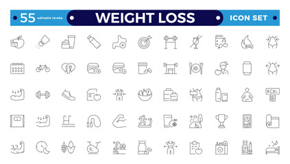 Weight Loss icon set. Containing healthy lifestyle, weight training, body care and workout or exercise equipment icons.  Editable stroke outline icon.
