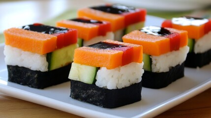 Colorful and Artistic Sushi Presentation on White Plate