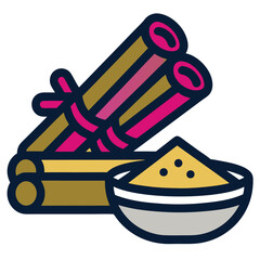 Vector illustration of cinnamon sticks tied with string, surrounded by dusted cinnamon powder. Perfect for culinary, rustic, and aromatic-themed designs.