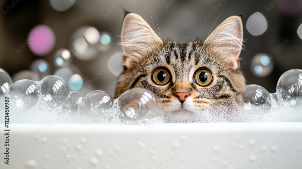 Poster curious cat surrounded by bubbles in a bathtub setting