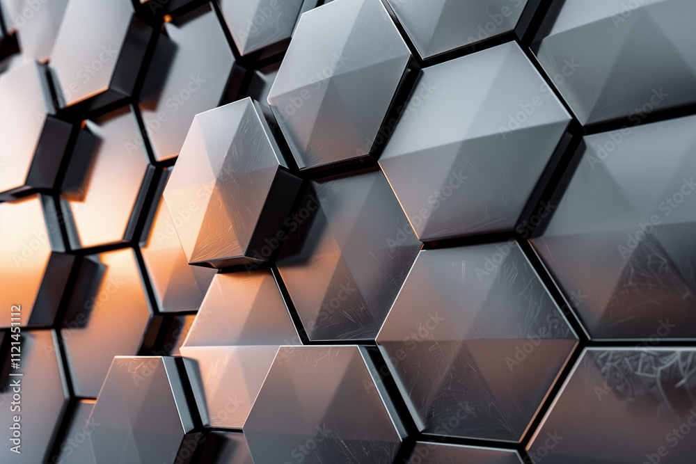 Poster overlapping hexagons with soft shadows and metallic textures, offering a futuristic and minimalist d