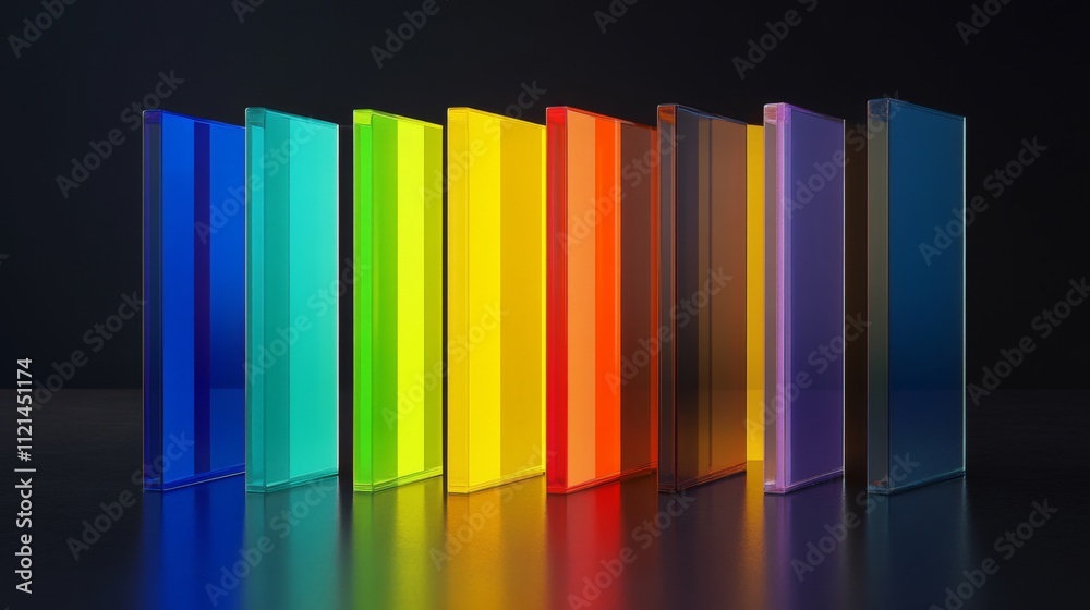 Poster colorful transparent panels arranged in a gradient spectrum display