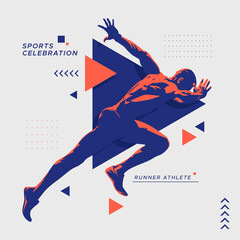 illustration of the silhouette of a sprint athlete. runner athlete with stylized flash of color on white background and geometric ornament. National sports day celebration concept